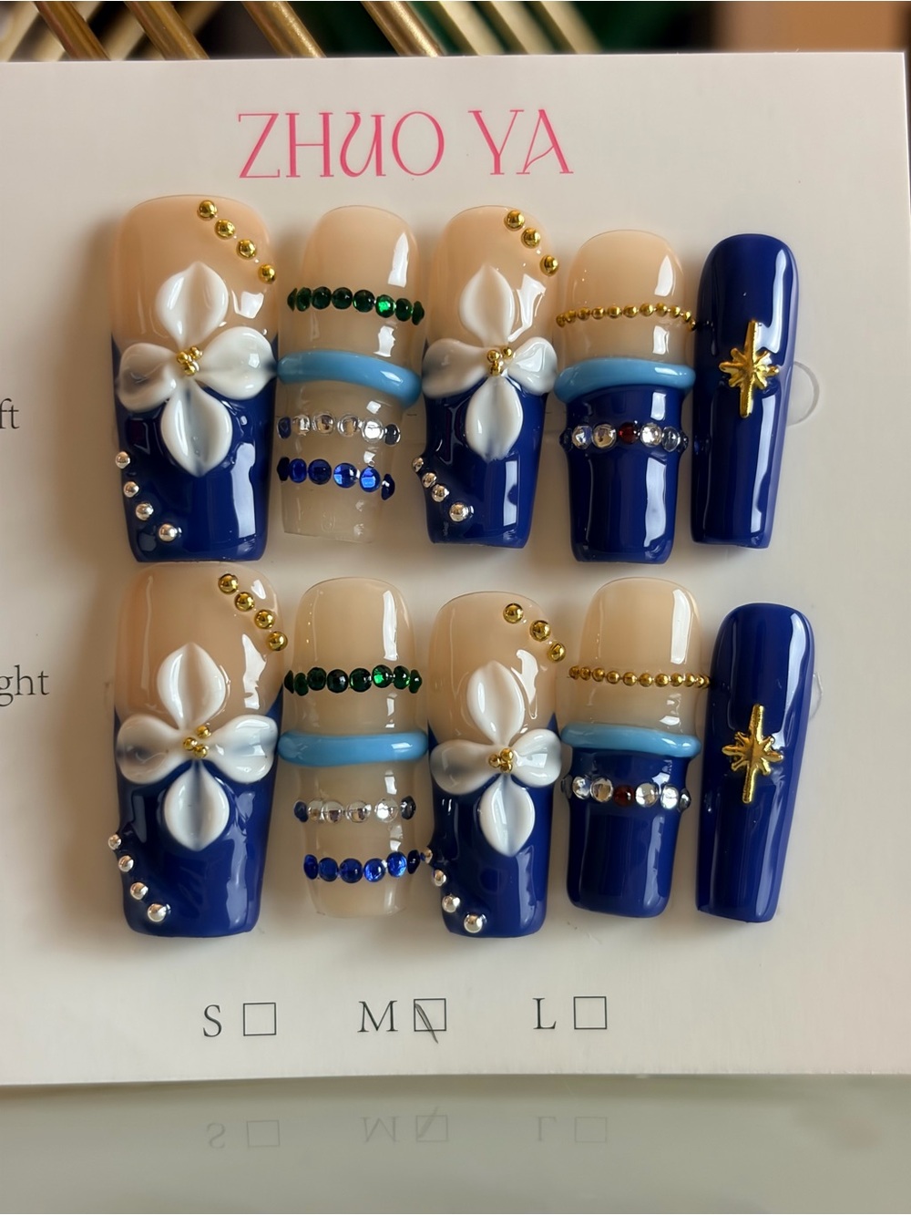 ZHuo Ya Blue Floral 3D Press-On Nail Set - Navy & Nude-med/large (pick one)